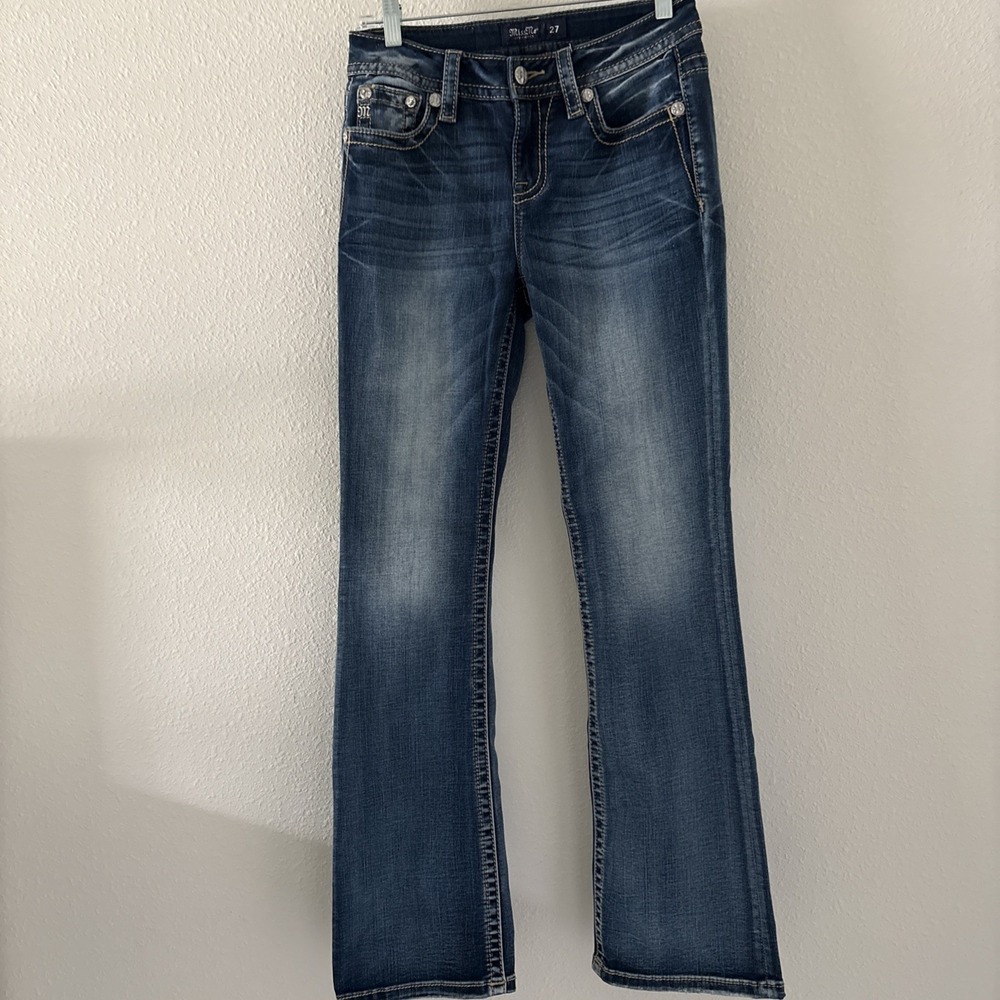 Miss Me Mid-Rise Boot Cut Jeans With Long Horns On Back Pockets Size 27 Bling